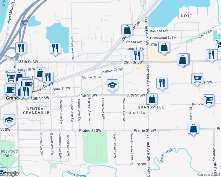 map of restaurants, bars, coffee shops, grocery stores, and more near 3413 30th Street Southwest in Grandville