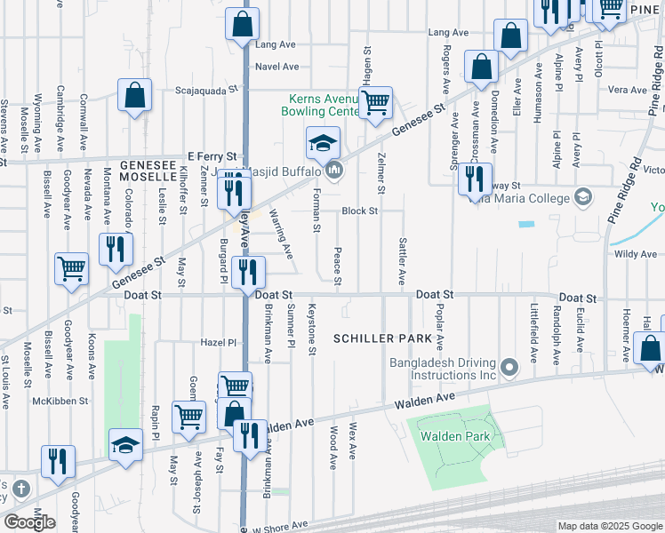 map of restaurants, bars, coffee shops, grocery stores, and more near 32 Peace Street in Buffalo
