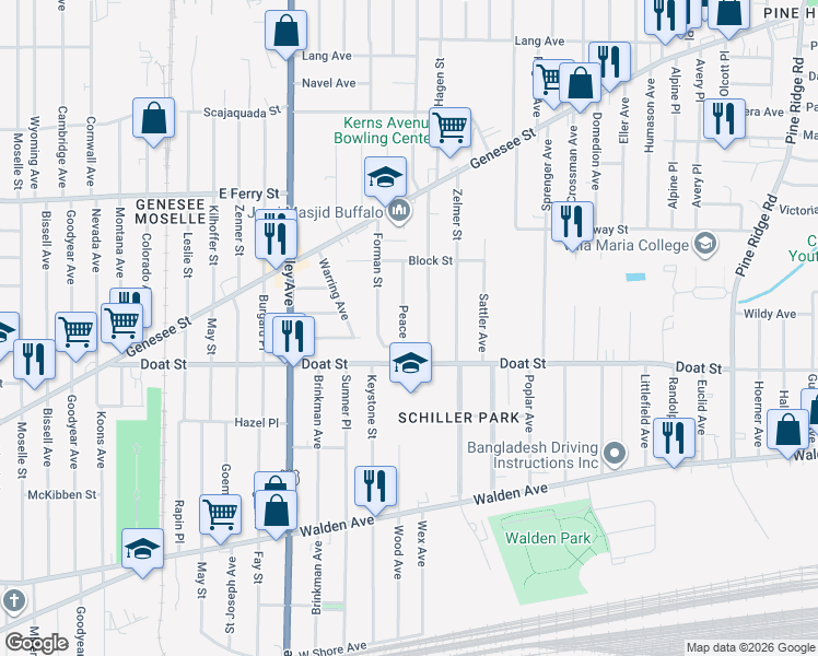 map of restaurants, bars, coffee shops, grocery stores, and more near 22 Theodore Street in Buffalo
