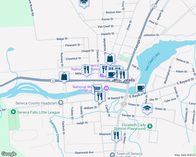 map of restaurants, bars, coffee shops, grocery stores, and more near 139 Fall Street in Seneca Falls
