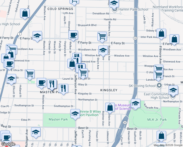 map of restaurants, bars, coffee shops, grocery stores, and more near 90 Landon Street in Buffalo