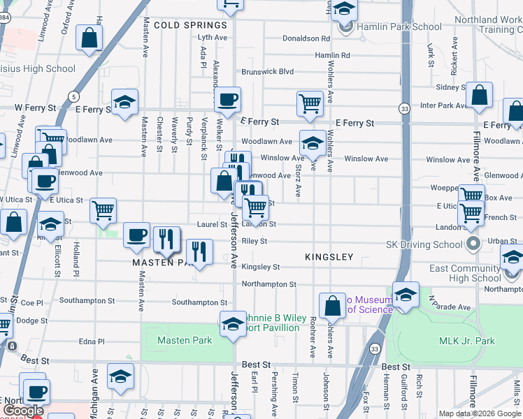 map of restaurants, bars, coffee shops, grocery stores, and more near 52 Landon Street in Buffalo