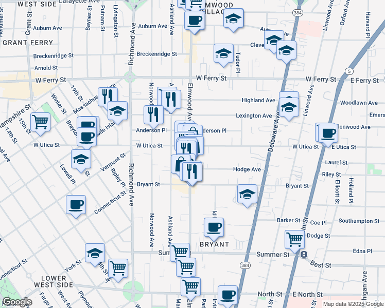 map of restaurants, bars, coffee shops, grocery stores, and more near 494 Elmwood Avenue in Buffalo
