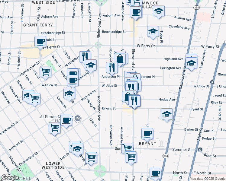 map of restaurants, bars, coffee shops, grocery stores, and more near 208 Norwood Avenue in Buffalo