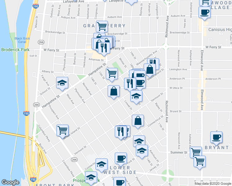 map of restaurants, bars, coffee shops, grocery stores, and more near 234 15th Street in Buffalo