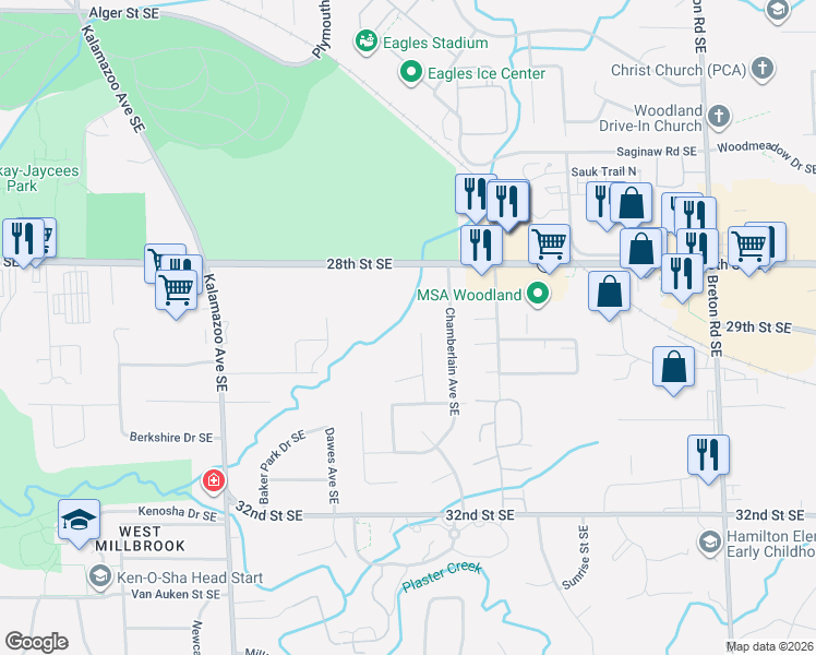 map of restaurants, bars, coffee shops, grocery stores, and more near 2911 Woodside Avenue Southeast in Grand Rapids