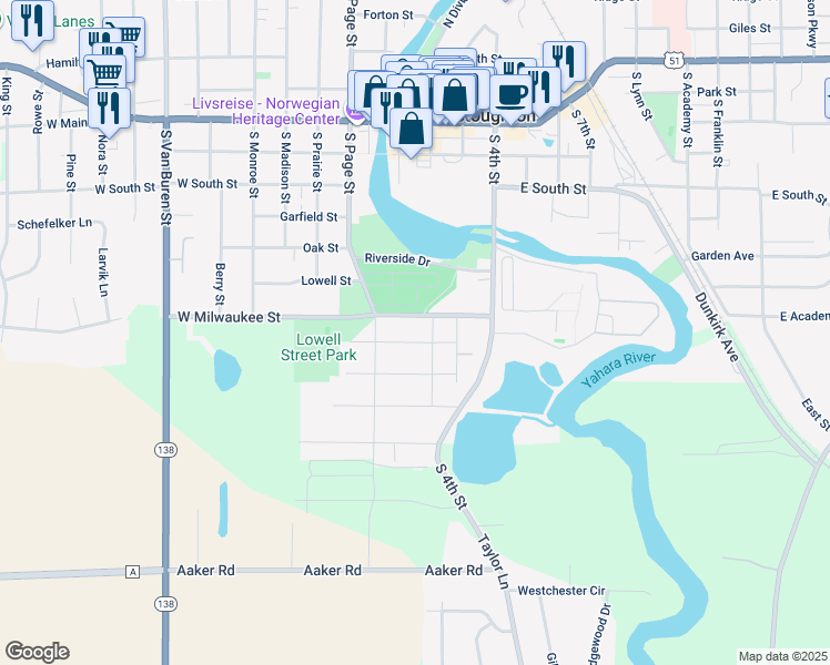 map of restaurants, bars, coffee shops, grocery stores, and more near 201 West Broadway Street in Stoughton