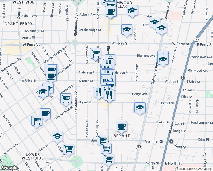 map of restaurants, bars, coffee shops, grocery stores, and more near 494 Elmwood Avenue in Buffalo