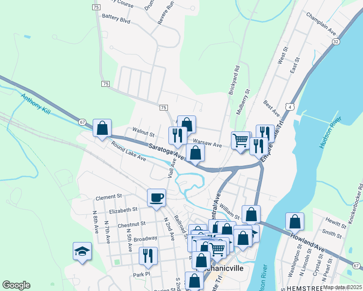 map of restaurants, bars, coffee shops, grocery stores, and more near 21 Farrell Street in Mechanicville