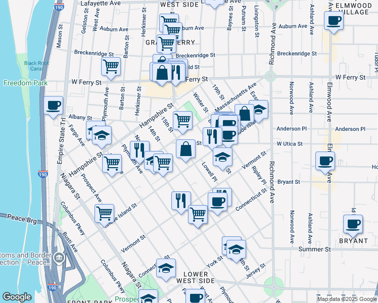 map of restaurants, bars, coffee shops, grocery stores, and more near 235 15th Street in Buffalo