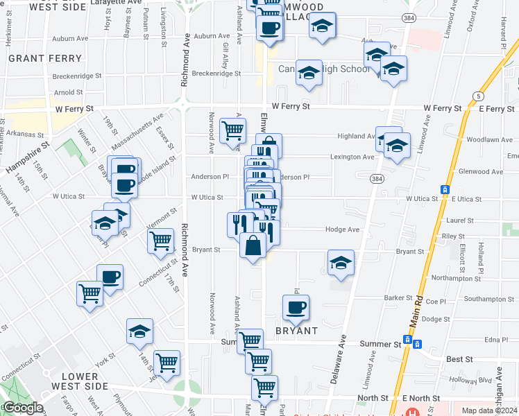 map of restaurants, bars, coffee shops, grocery stores, and more near 504 Elmwood Avenue in Buffalo