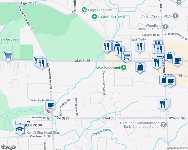 map of restaurants, bars, coffee shops, grocery stores, and more near 2911 Woodside Avenue Southeast in Grand Rapids