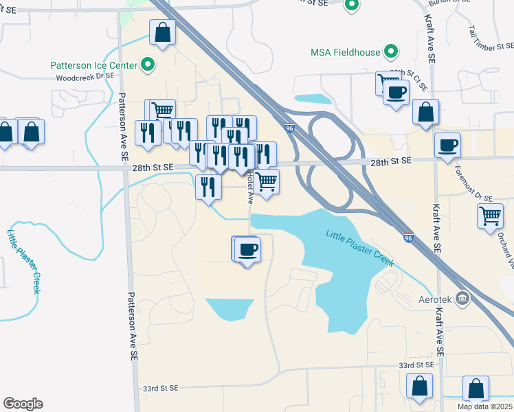 map of restaurants, bars, coffee shops, grocery stores, and more near 5110 28th Street Southeast in Grand Rapids