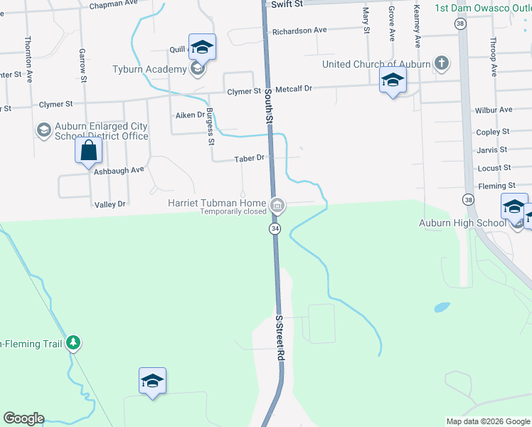 map of restaurants, bars, coffee shops, grocery stores, and more near 6050 New York 34 in Auburn