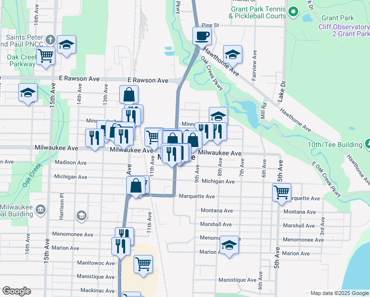 map of restaurants, bars, coffee shops, grocery stores, and more near 911 Milwaukee Avenue in South Milwaukee