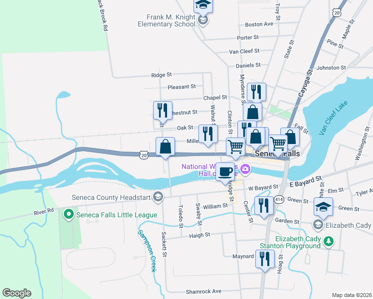 map of restaurants, bars, coffee shops, grocery stores, and more near 193 Fall Street in Seneca Falls