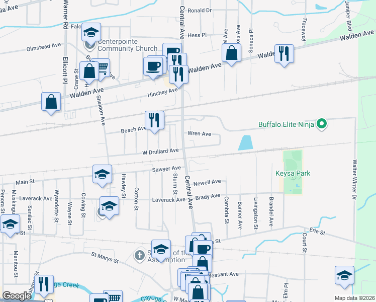 map of restaurants, bars, coffee shops, grocery stores, and more near 243 Central Avenue in Lancaster