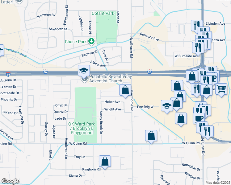 map of restaurants, bars, coffee shops, grocery stores, and more near 4259 Hawthorne Road in Pocatello