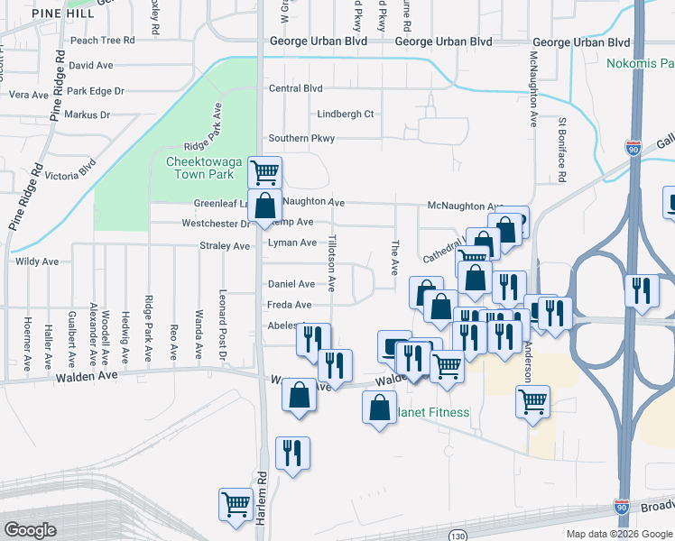 map of restaurants, bars, coffee shops, grocery stores, and more near 26 Paradise Court in Buffalo