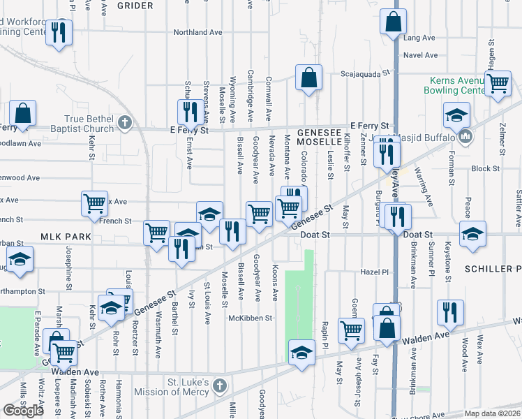 map of restaurants, bars, coffee shops, grocery stores, and more near 523 Goodyear Avenue in Buffalo