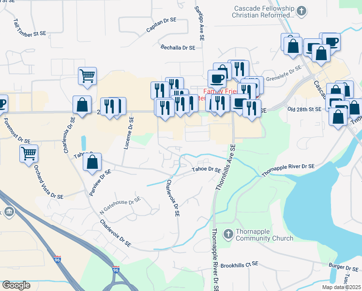 map of restaurants, bars, coffee shops, grocery stores, and more near 2994 Chapshire Drive Southeast in Grand Rapids