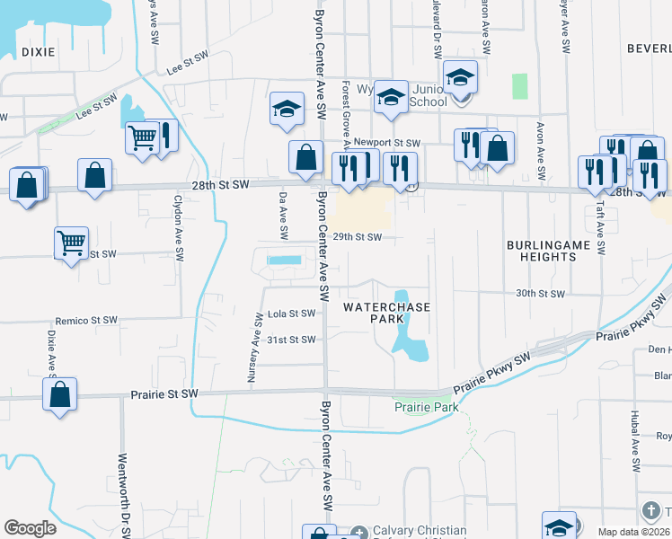 map of restaurants, bars, coffee shops, grocery stores, and more near 2365 30th Street Southwest in Wyoming