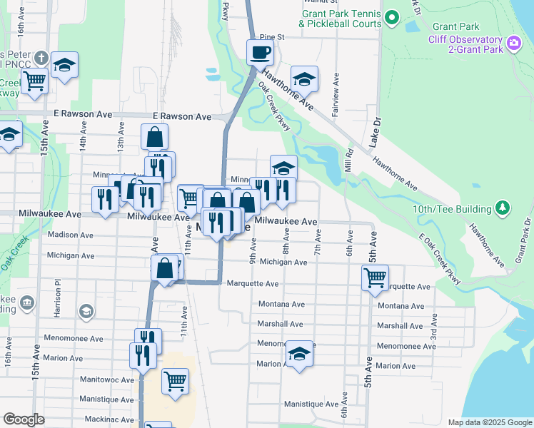 map of restaurants, bars, coffee shops, grocery stores, and more near 817 Milwaukee Avenue in South Milwaukee