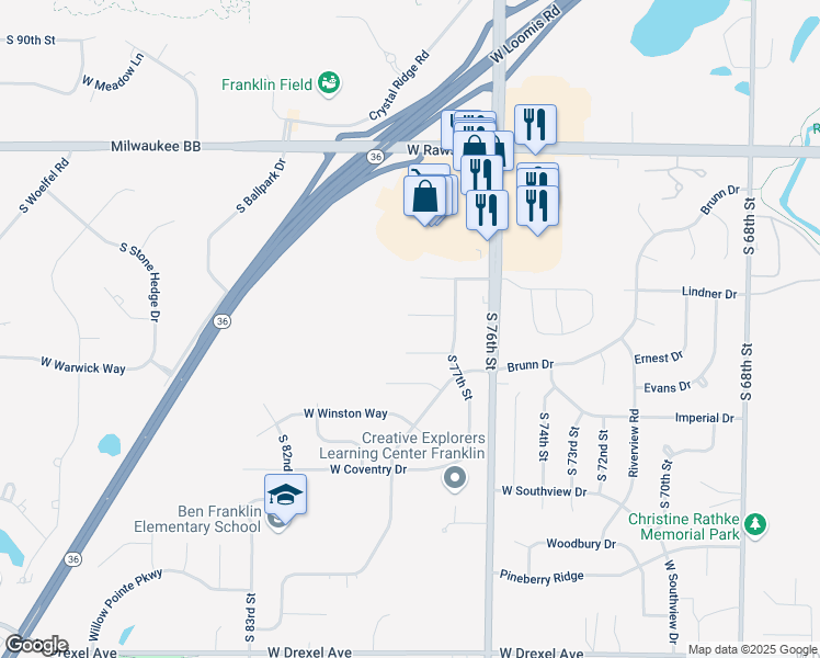 map of restaurants, bars, coffee shops, grocery stores, and more near 7740 Maple Ridge Court in Franklin