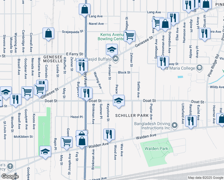 map of restaurants, bars, coffee shops, grocery stores, and more near in Buffalo