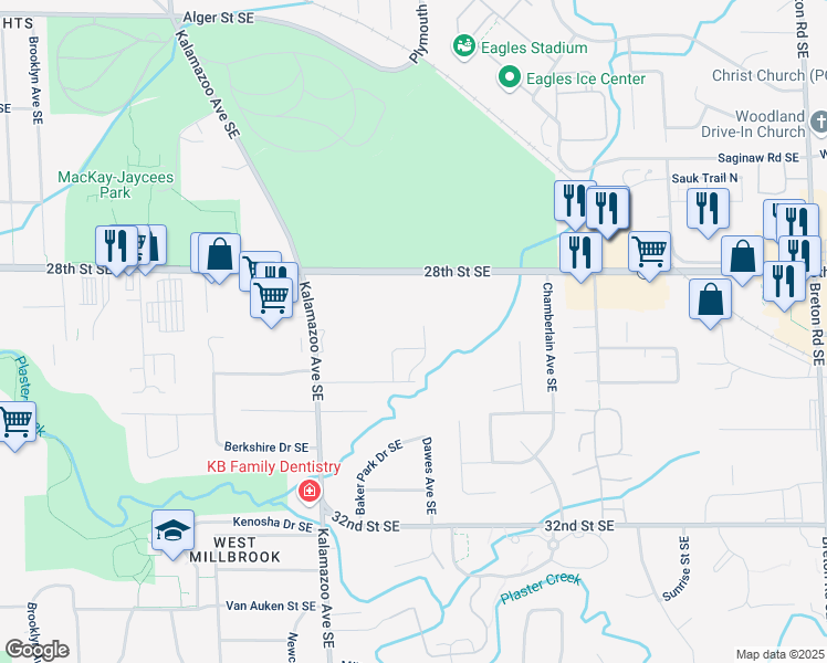 map of restaurants, bars, coffee shops, grocery stores, and more near 2865 Dawes Avenue Southeast in Grand Rapids