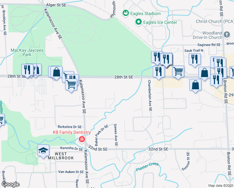 map of restaurants, bars, coffee shops, grocery stores, and more near 2864 Dawes Avenue Southeast in Grand Rapids