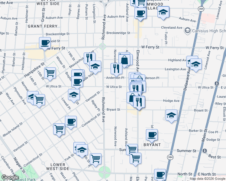 map of restaurants, bars, coffee shops, grocery stores, and more near 208 Norwood Avenue in Buffalo