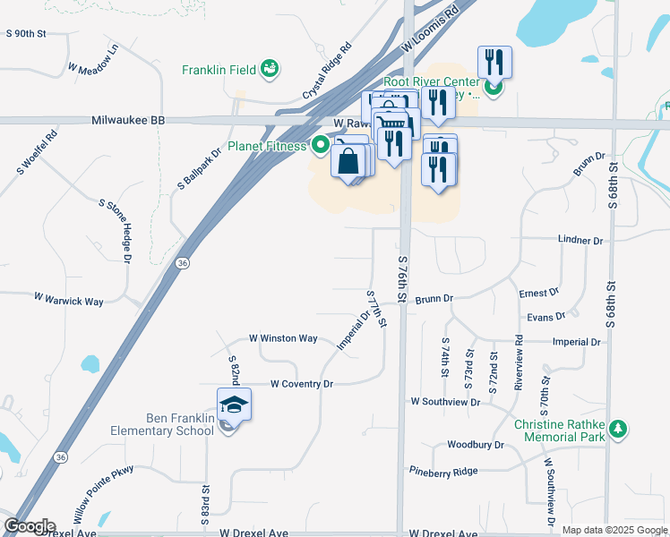 map of restaurants, bars, coffee shops, grocery stores, and more near 7311 South 77th Street in Franklin