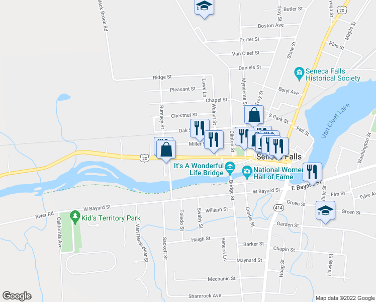map of restaurants, bars, coffee shops, grocery stores, and more near 190 Fall Street in Seneca Falls