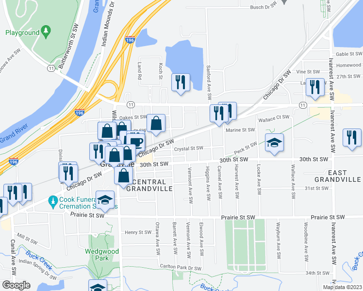 map of restaurants, bars, coffee shops, grocery stores, and more near 2947 Vermont Avenue Southwest in Grandville