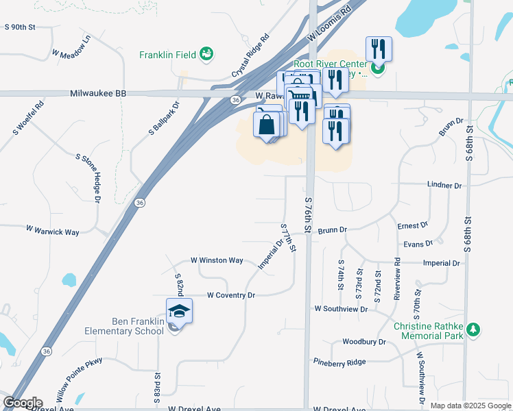 map of restaurants, bars, coffee shops, grocery stores, and more near 7708 Maple Ridge Court in Franklin