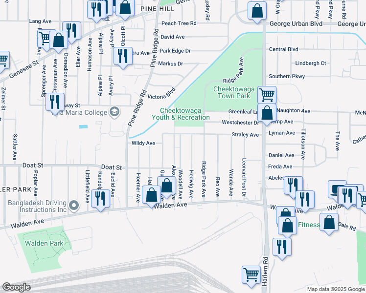 map of restaurants, bars, coffee shops, grocery stores, and more near 108 Woodell Avenue in Buffalo