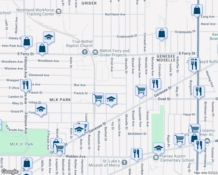 map of restaurants, bars, coffee shops, grocery stores, and more near 334 French Street in Buffalo