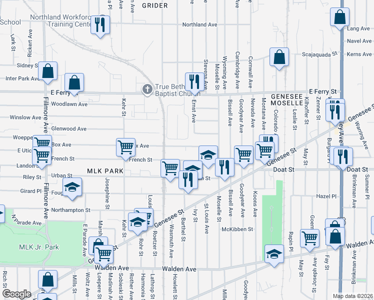 map of restaurants, bars, coffee shops, grocery stores, and more near 334 French Street in Buffalo