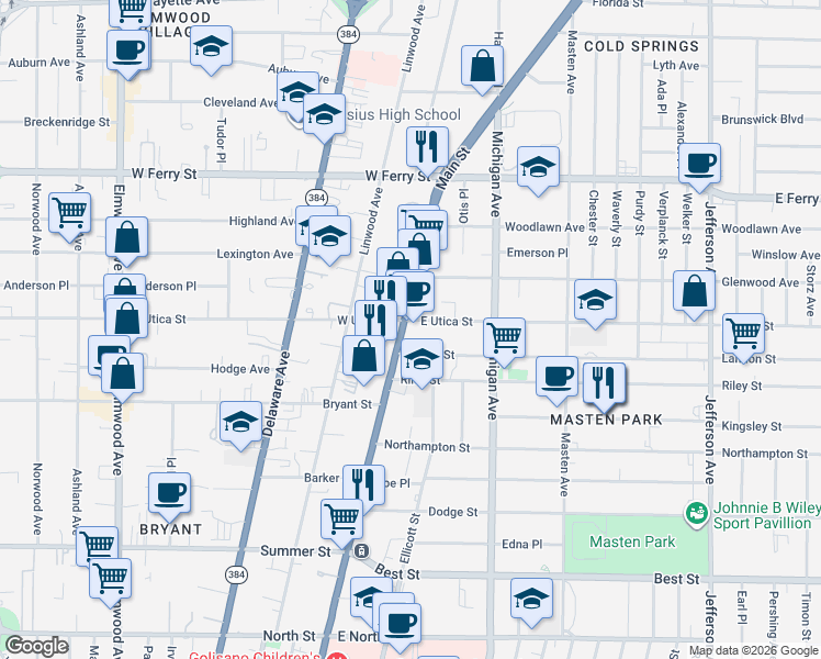 map of restaurants, bars, coffee shops, grocery stores, and more near 16 Laurel Street in Buffalo
