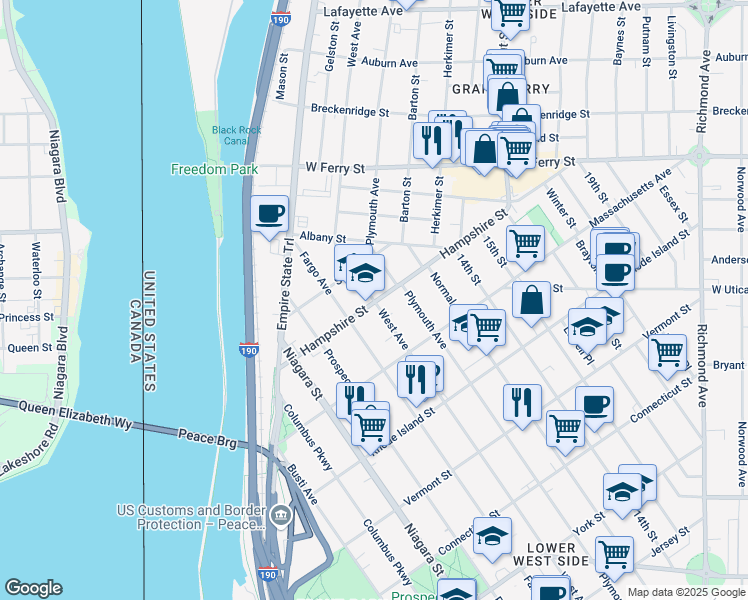 map of restaurants, bars, coffee shops, grocery stores, and more near 723 West Avenue in Buffalo