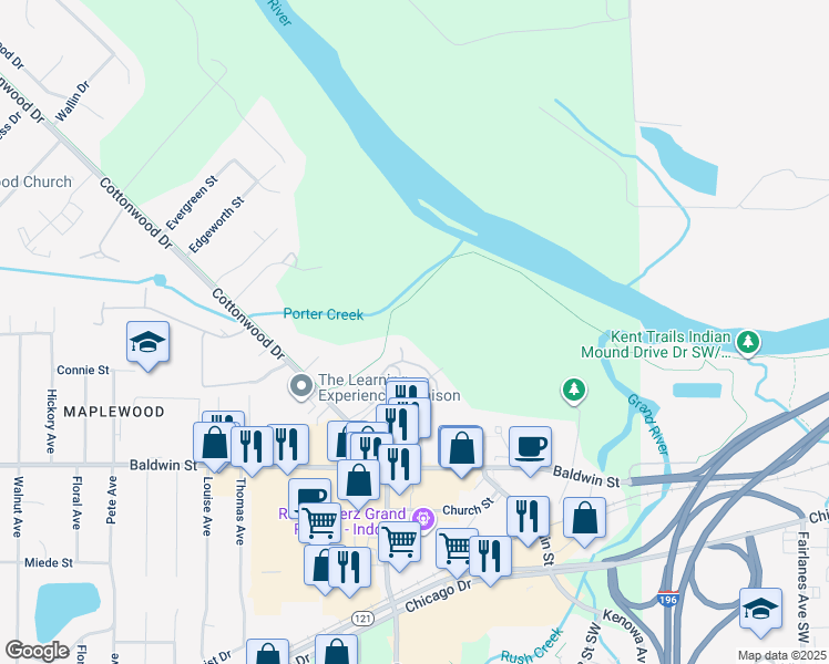 map of restaurants, bars, coffee shops, grocery stores, and more near 7732 Riverview Drive in Georgetown Township