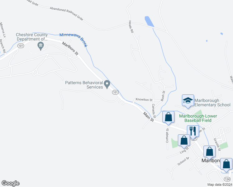 map of restaurants, bars, coffee shops, grocery stores, and more near 19 New Hampshire Route 101 in Marlborough