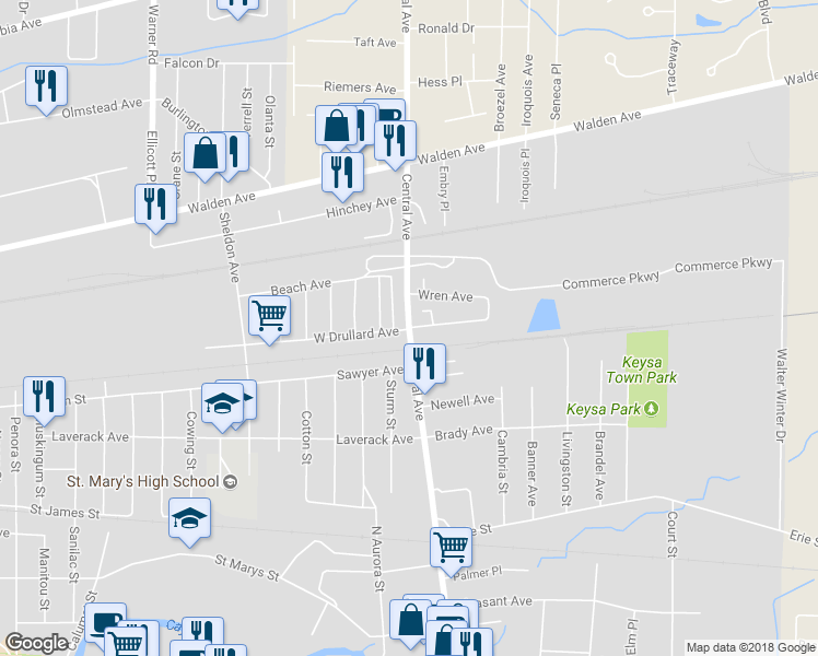 map of restaurants, bars, coffee shops, grocery stores, and more near Central Avenue & East Drullard Avenue in Lancaster