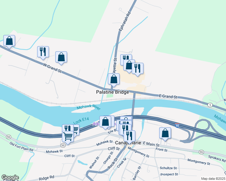 map of restaurants, bars, coffee shops, grocery stores, and more near Route 5 in Palatine Bridge