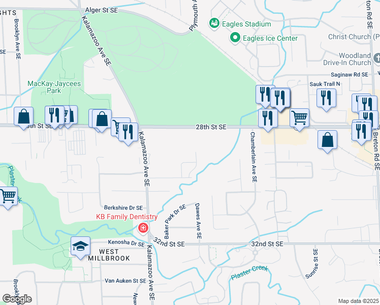 map of restaurants, bars, coffee shops, grocery stores, and more near 2865 Dawes Avenue Southeast in Grand Rapids