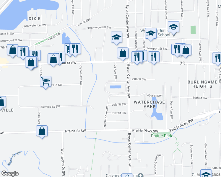 map of restaurants, bars, coffee shops, grocery stores, and more near 2917 Byron Center Avenue Southwest in Wyoming