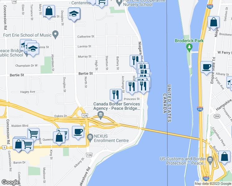 map of restaurants, bars, coffee shops, grocery stores, and more near 17 Goderich Street in Fort Erie