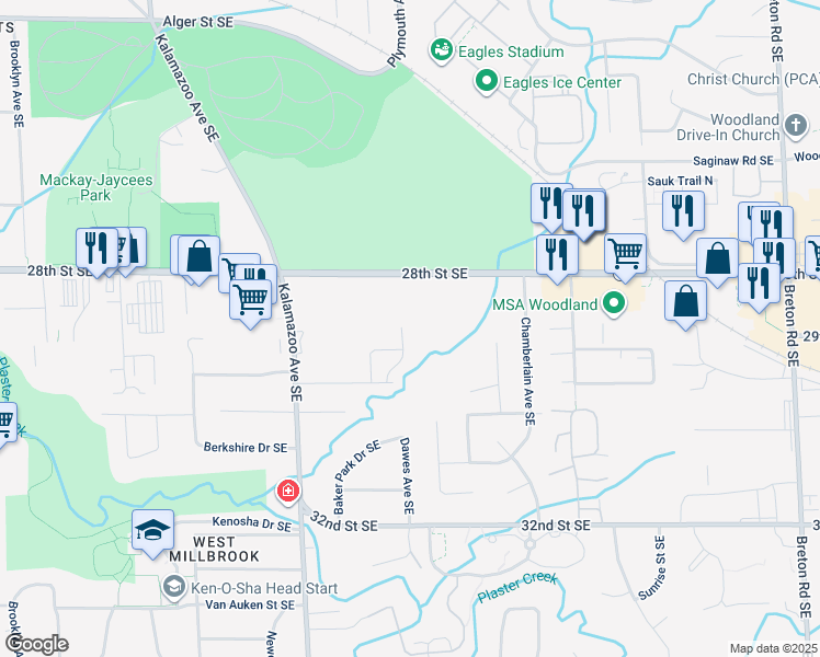 map of restaurants, bars, coffee shops, grocery stores, and more near 2858 Dawes Avenue Southeast in Grand Rapids