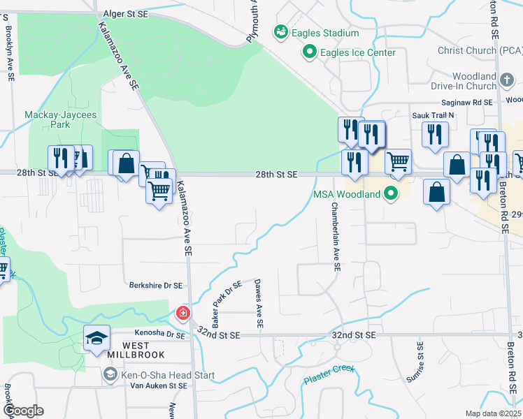 map of restaurants, bars, coffee shops, grocery stores, and more near 2858 Dawes Avenue Southeast in Grand Rapids